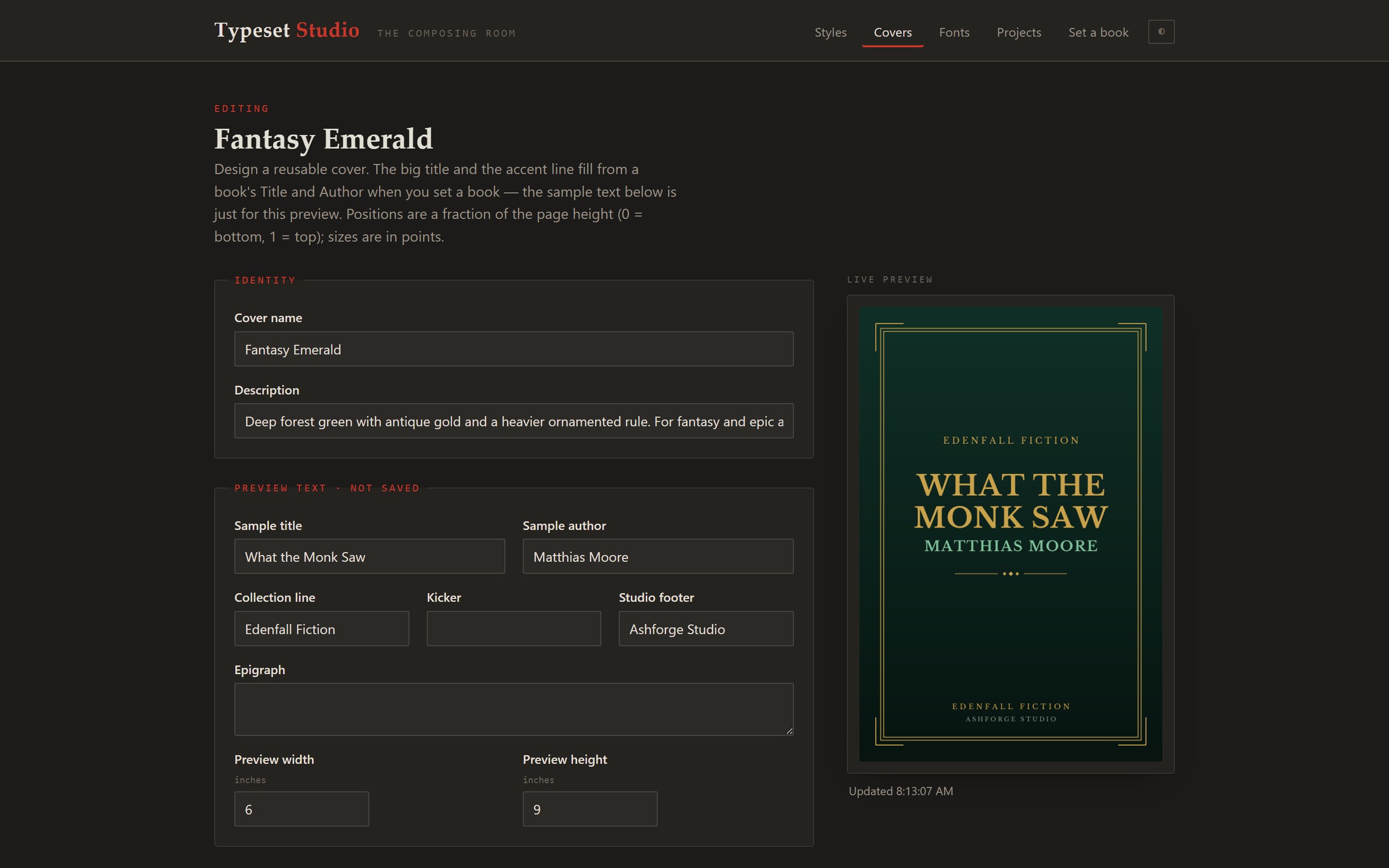 The Cover Studio: editing a designed book cover with a live preview