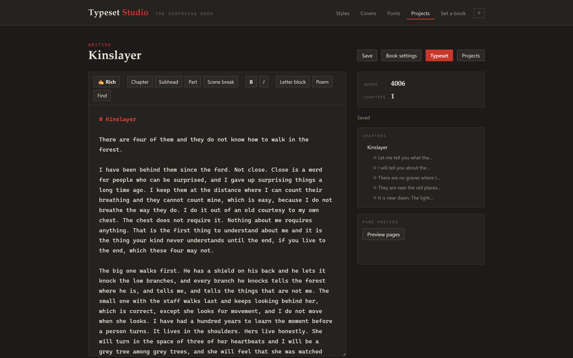The in-app manuscript editor with a chapter outline sidebar