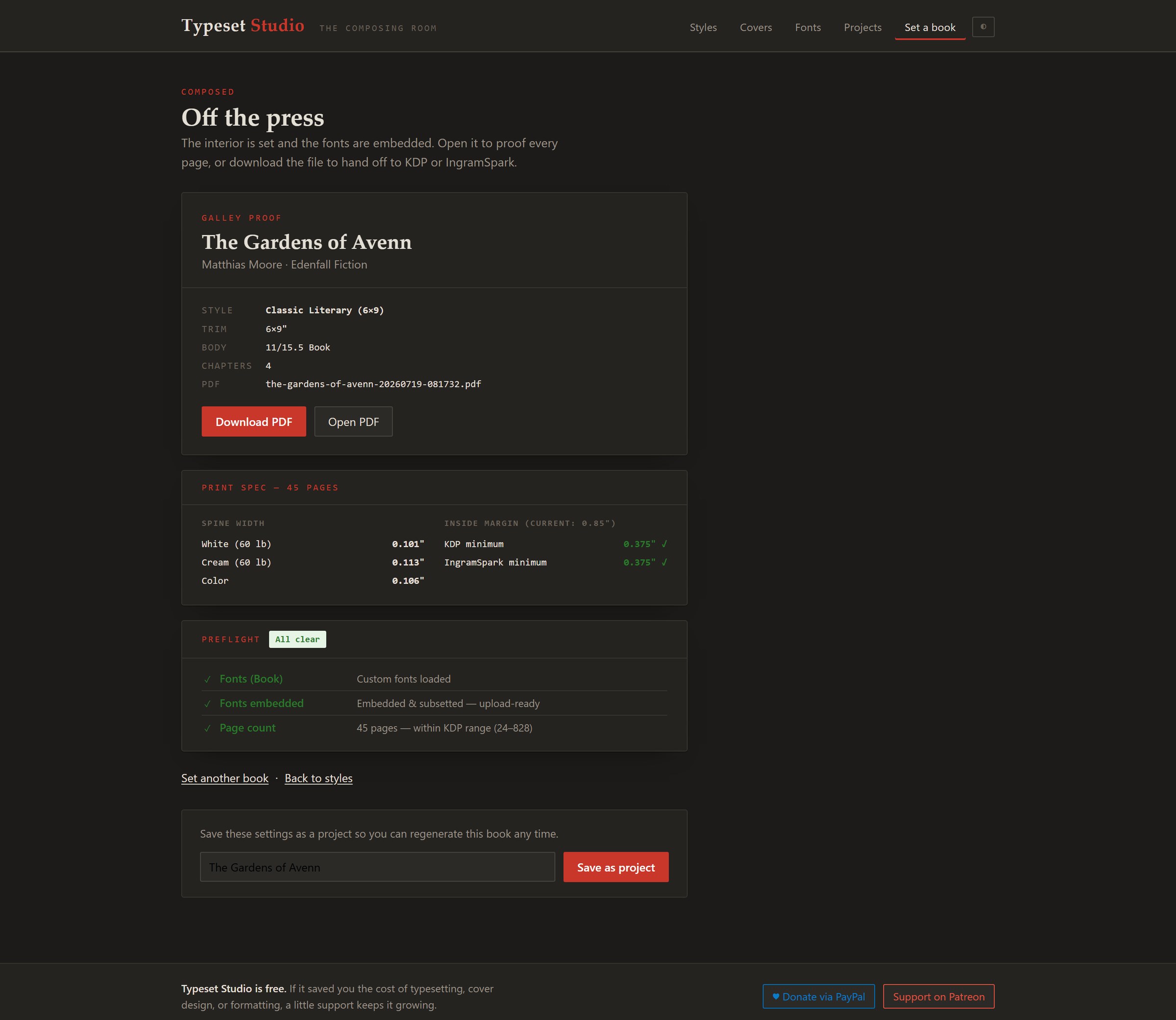 The result page showing a preflight report and spine and margin calculator