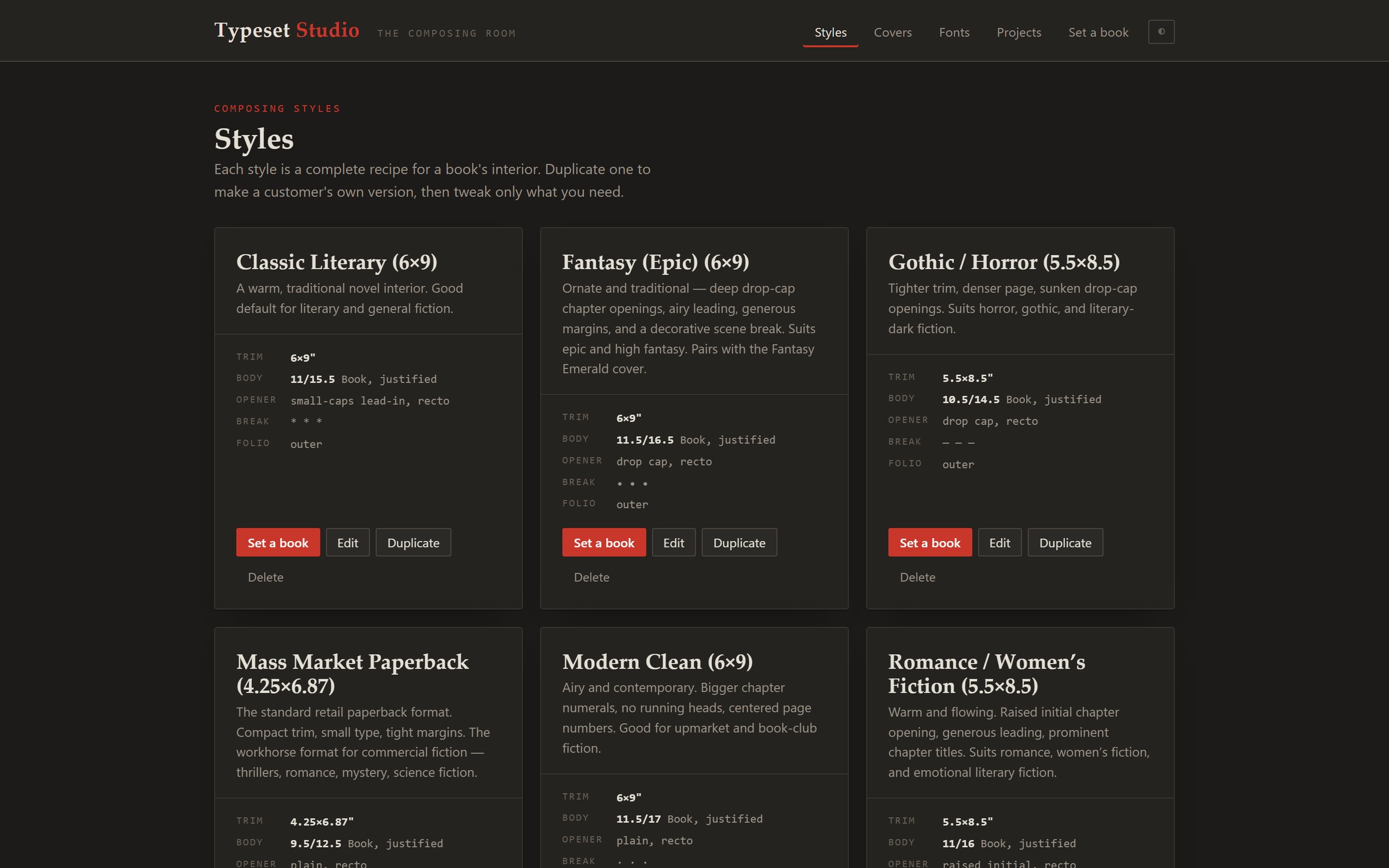 The Styles home page showing reusable book-interior style cards